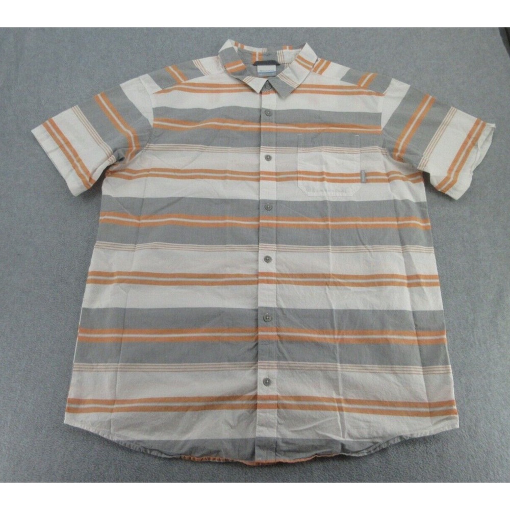 Columbia Mens Button Down Regular Grey Orange Striped Cotton Shirt XL